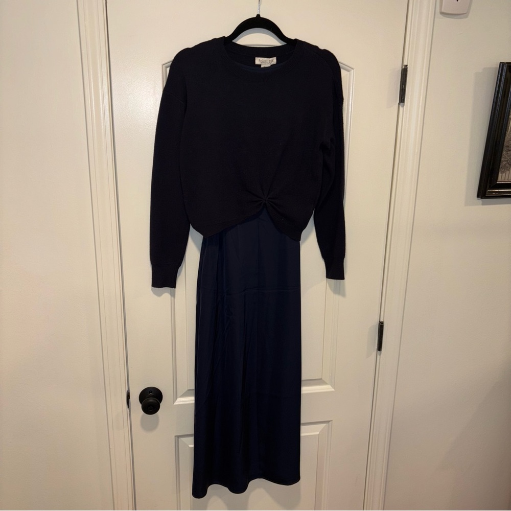 Rachel Zoe Navy Blue Slip Midi Dress with  Navy Sweater Overlay